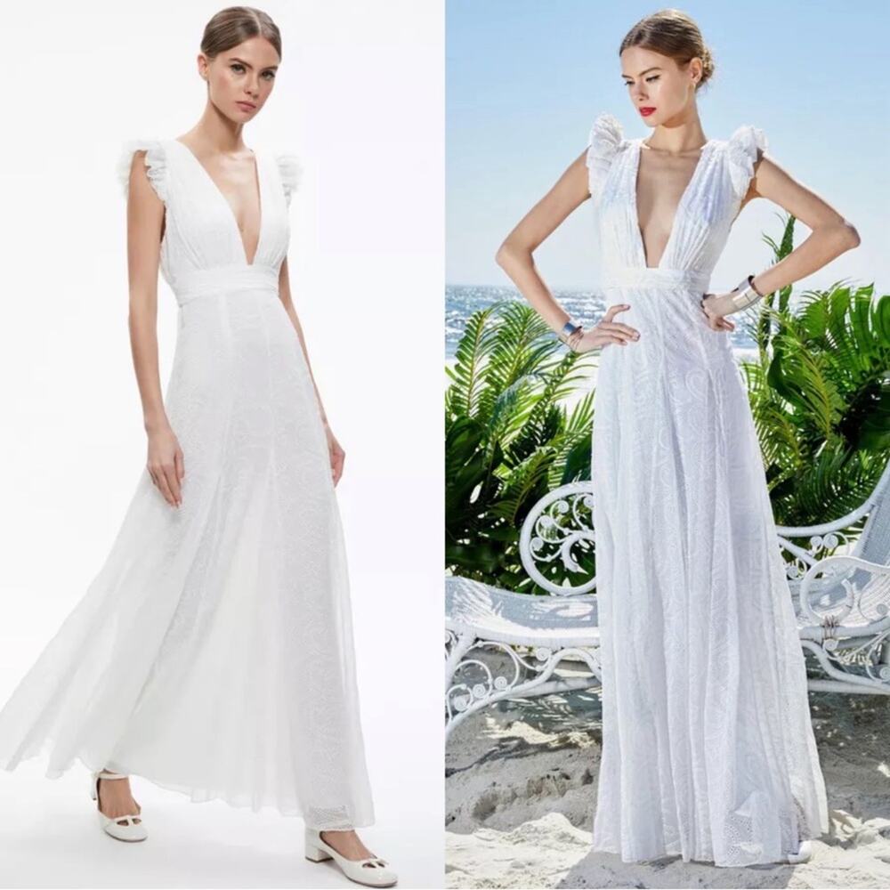ALICE + OLIVIA Vanna Ruffle Flutter Sleeve Eyelet Embroidered Maxi Dress Size 6
